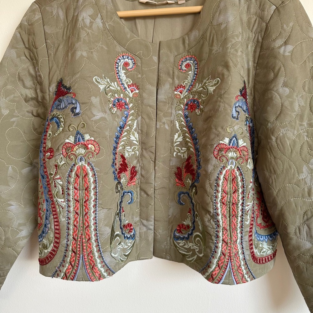 Soft Surroundings Olive Green Quilted Embroidered Cropped Jacket XL Beaded Boho - Picture 2 of 10